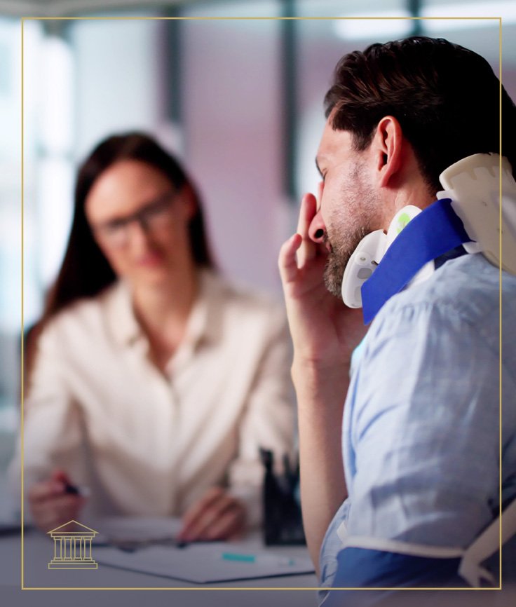 Injured man in a neck brace meeting with a personal injury attorney